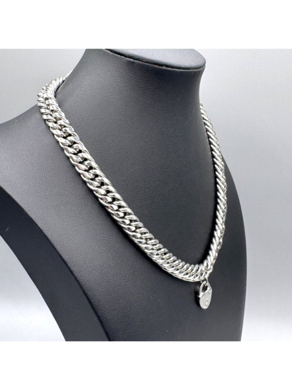 Goth Punk Chain Necklace Choker Heart Lock Silver Tone Dog Collar 17" - Picture 2 of 7